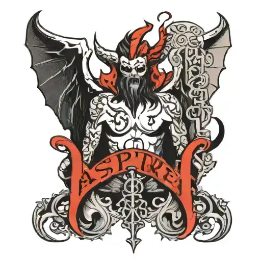 Black and white tatto Satan beside sign that says "aspire" with lucifer and pentograms tattoo design idea