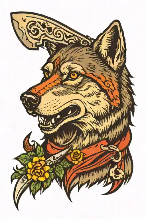 wolf with knife piercing tattoo design idea
