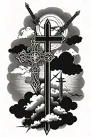 cross, bible, clouds, swords tattoo design idea