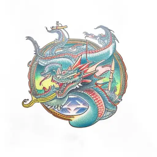 Traditional style tattoo featuring two dragons protecting a sacred object tattoo design idea