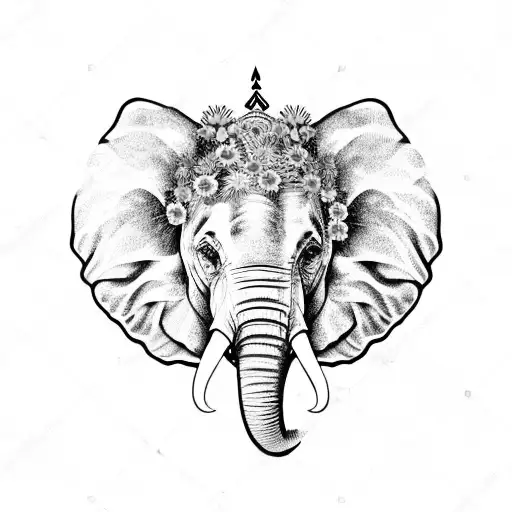 Elephant face surrounded by wild flowers wearing a flower crown tattoo design idea