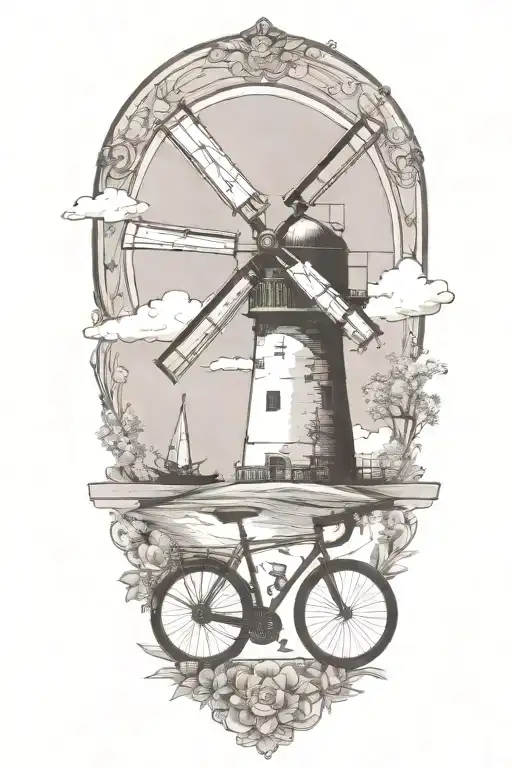 windmill and road bicycle leaning tattoo design idea