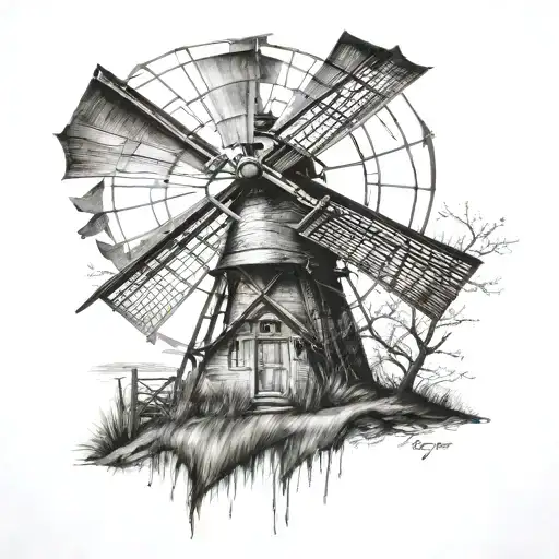 windmill with road bicycle leaning tattoo design idea