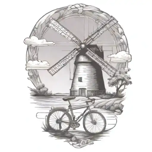 windmill and road bicycle leaning tattoo design idea