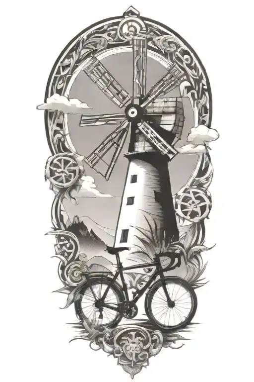 windmill and road bicycle leaning tattoo design idea