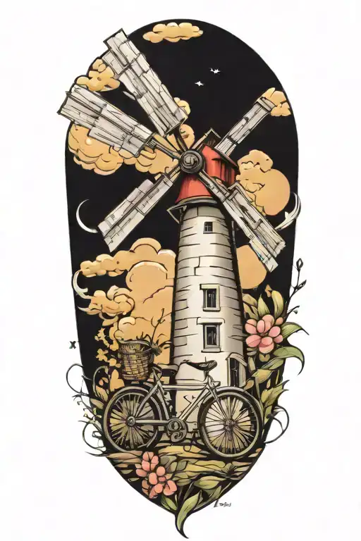 windmill and bicycle   tattoo design idea
