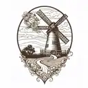 windmill with road leading towards tattoo design idea