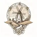 windmill with road leading towards tattoo design idea