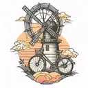 windmill with sunset and bicycle    tattoo design idea