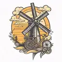 windmill with sunset and bicycle    tattoo design idea