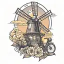 windmill with sunset and bicycle    tattoo design idea