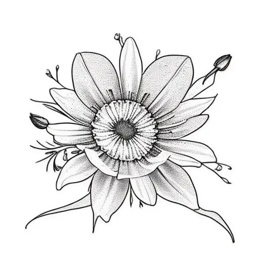 A minimalist design featuring a bouquet of asters, morning glories, holly, narcissus, cosmos, Lily of the Valley, and Hawthorn flowers tattoo design idea
