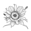 A minimalist design featuring a bouquet of asters, morning glories, holly, narcissus, cosmos, Lily of the Valley, and Hawthorn flowers tattoo design idea