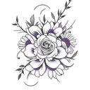 A minimalist design featuring a bouquet of asters, morning glories, holly, narcissus, cosmos, Lily of the Valley, and Hawthorn flowers tattoo design idea