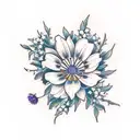 A minimalist design featuring a bouquet of asters, morning glories, holly, narcissus, cosmos, Lily of the Valley, and Hawthorn flowers tattoo design idea