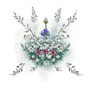 A minimalist design featuring a bouquet of asters, morning glories, holly, narcissus, cosmos, Lily of the Valley, and Hawthorn flowers tattoo design idea