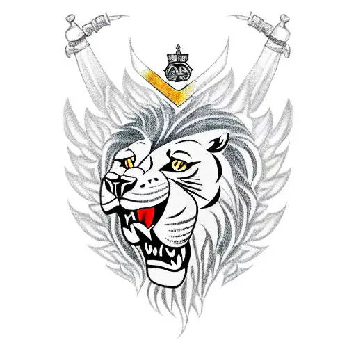 family crest type tatoo with a lion open mouth roaring and arrows pointing North, South, East, West tattoo design idea