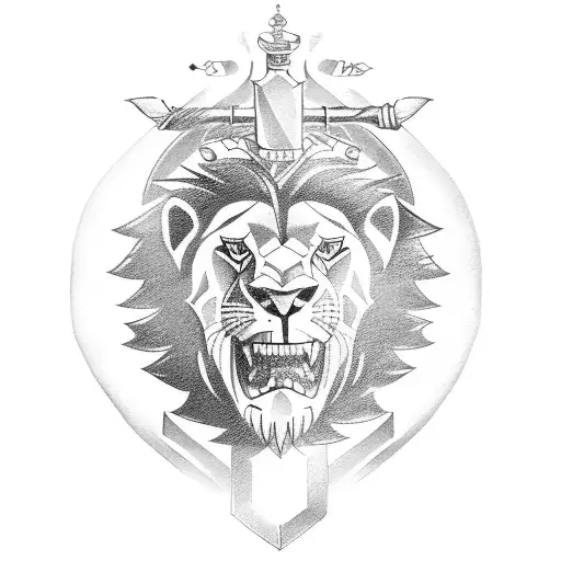 family crest type tatoo with a lion and arrows pointing North, South, East, West tattoo design idea