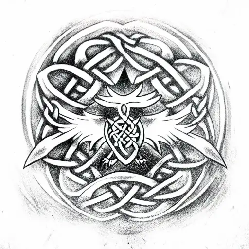 Celtic Trinity Knot Shield Design with angry eagle bird around with feathers tattoo design idea