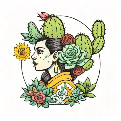 A woman who loves succulents and cacti tattoo design idea
