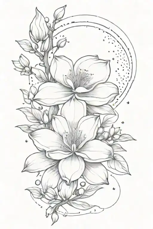 magnolia flower intertwined with some dots and a moon  tattoo design idea