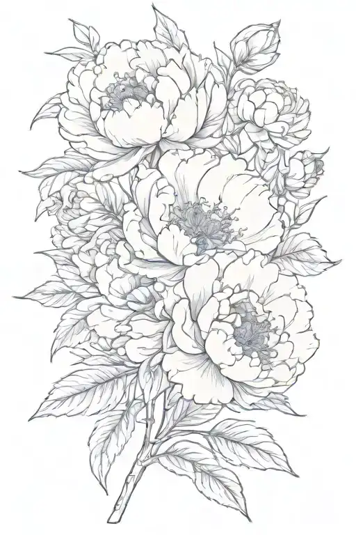 leaves and peonies blooming, middle peonie is the biggest one  tattoo design idea