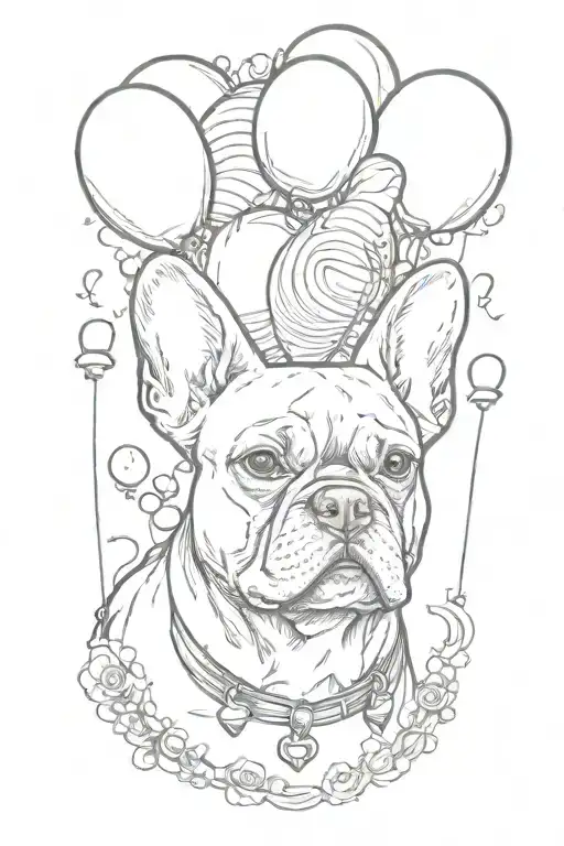 french bulldog head with some balloons above him. tattoo design idea