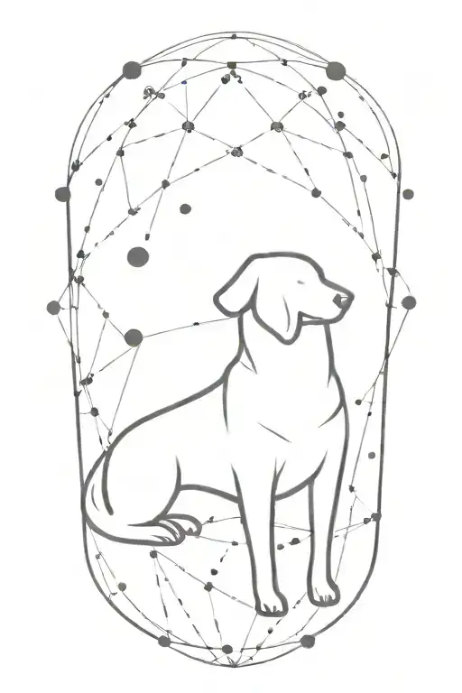 A minimalist tattoo of a dog silhouette surrounded by dots and lines forming a mandala design tattoo design idea