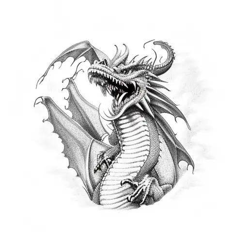 A new-school design of a dragon breathing fire in front of a Nordic landscape tattoo design idea