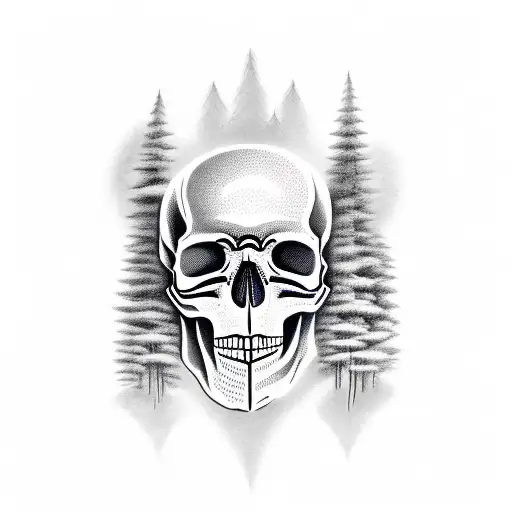 A realistic depiction of the Forbidden Forest with a skull hidden among the trees tattoo design idea