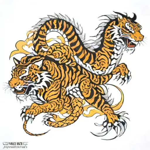 dragon and Tiger full back with mountain landscape tattoo design idea
