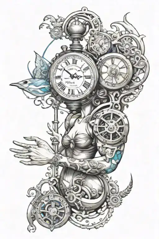 Aquarius, ocean, endless time, 11:11, wanderlust & steam punk theme, forearm placement tattoo design idea