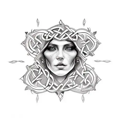 A portrait of a woman with intricate Celtic knotwork tattoos, combining a love for women and Ireland tattoo design idea