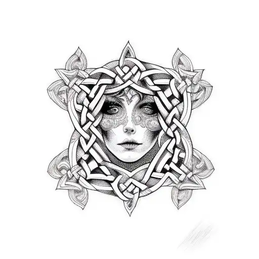A portrait of a woman with intricate Celtic knotwork tattoos, combining a love for women and Ireland tattoo design idea