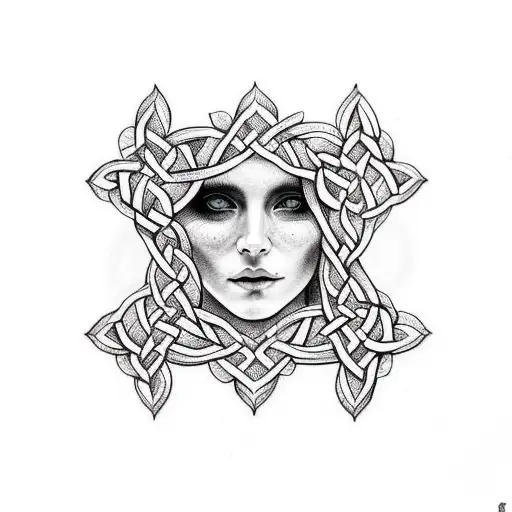 A portrait of a woman with intricate Celtic knotwork tattoos, combining a love for women and Ireland tattoo design idea