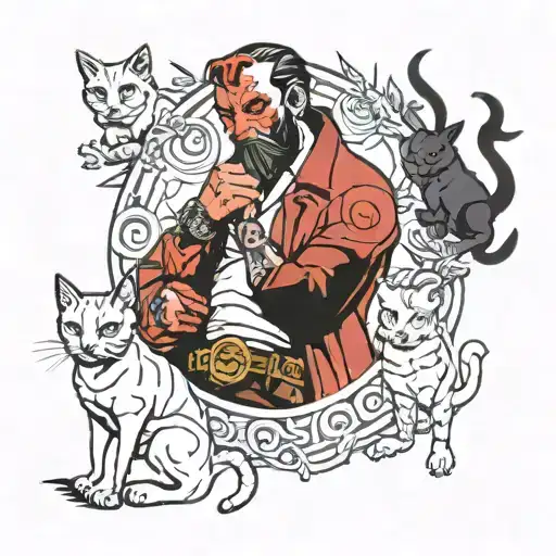 hellboy with cats playing tattoo design idea