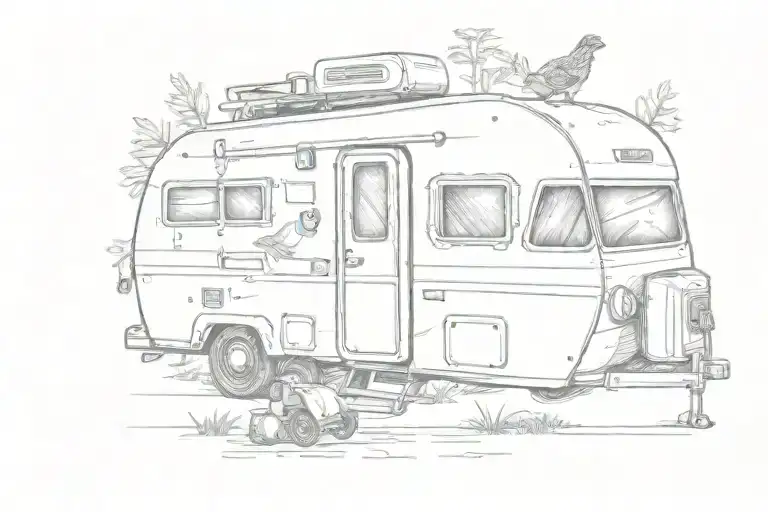 retro camper, backpack, cardinal bird. tattoo design idea