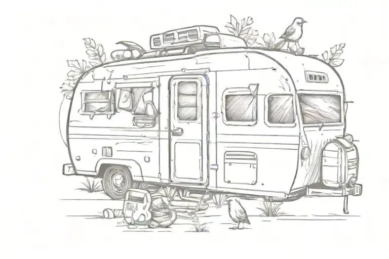 retro camper, backpack, cardinal bird. tattoo design idea
