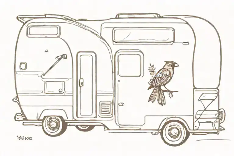 retro camper, backpack, cardinal bird. tattoo design idea