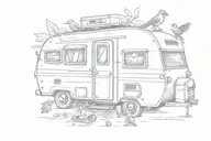 retro camper, backpack, cardinal bird. tattoo design idea