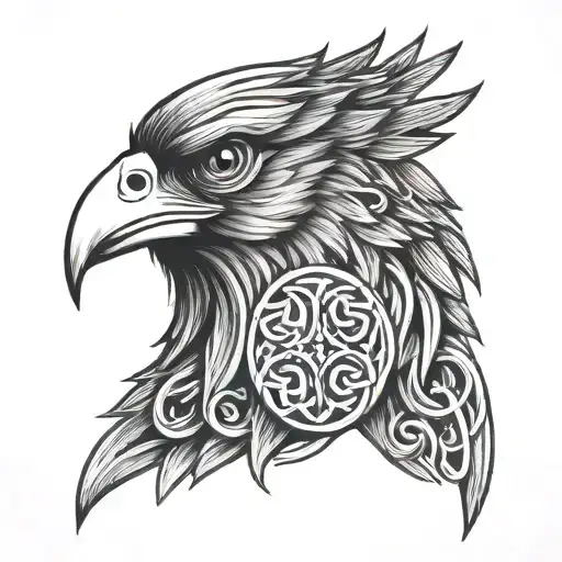 Celtic warrior head with a raven as a beard with celtic knot work background tattoo design idea