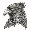 Celtic warrior head with a raven as a beard with celtic knot work background tattoo design idea