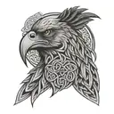 Celtic warrior head with a raven as a beard with celtic knot work background tattoo design idea