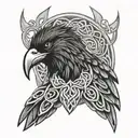 Celtic warrior head with a raven as a beard with celtic knot work background tattoo design idea