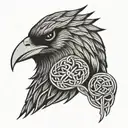 Celtic warrior head with a raven as a beard with celtic knot work background tattoo design idea