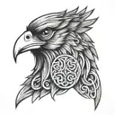 Celtic warrior head with a raven as a beard with celtic knot work background tattoo design idea
