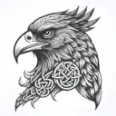 Celtic warrior head with a raven as a beard with celtic knot work background tattoo design idea