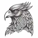 Celtic warrior head with a raven as a beard with celtic knot work background tattoo design idea