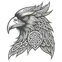 Celtic warrior head with a raven as a beard with celtic knot work background tattoo design idea