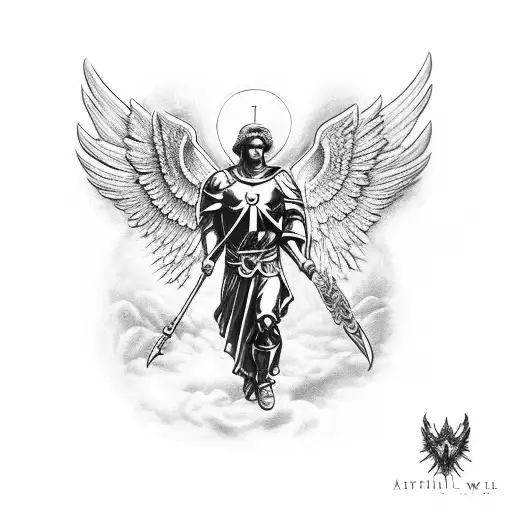 archangel michael below 3 cross, and a phrase saint michael, protect us tattoo design idea